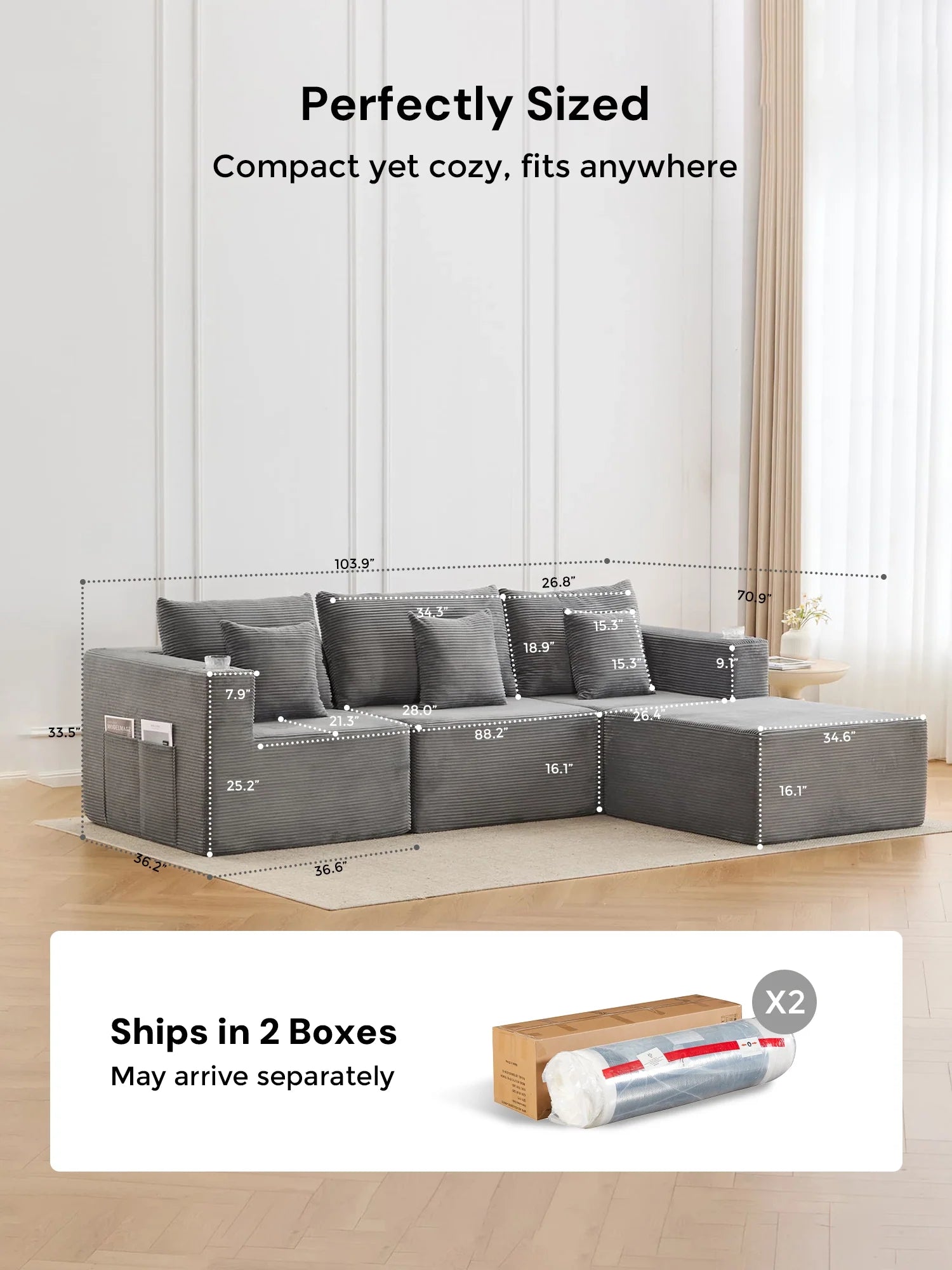 Hestia Compressed Modular Sofa with Cup Holders & Storage