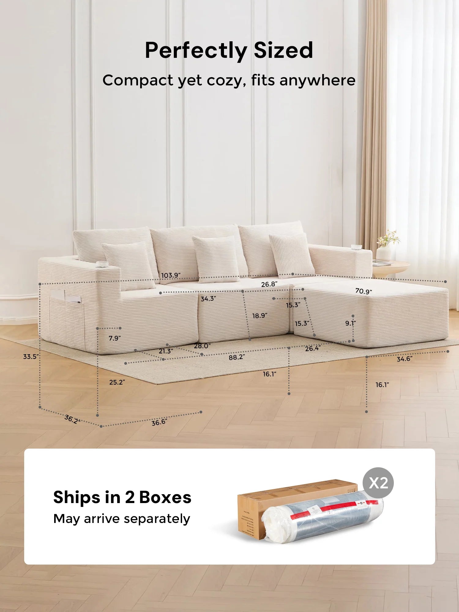 Hestia Compressed Modular Sofa with Cup Holders & Storage