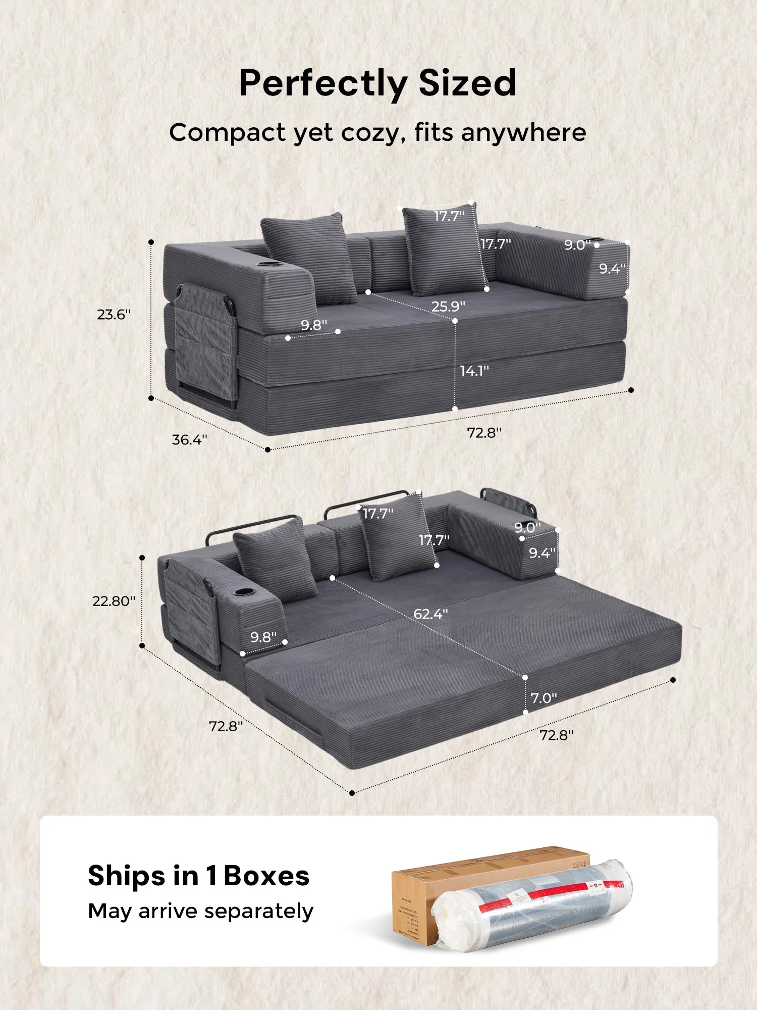 Selene Compressed Modular Sofa Bed-14.2" Seat Height