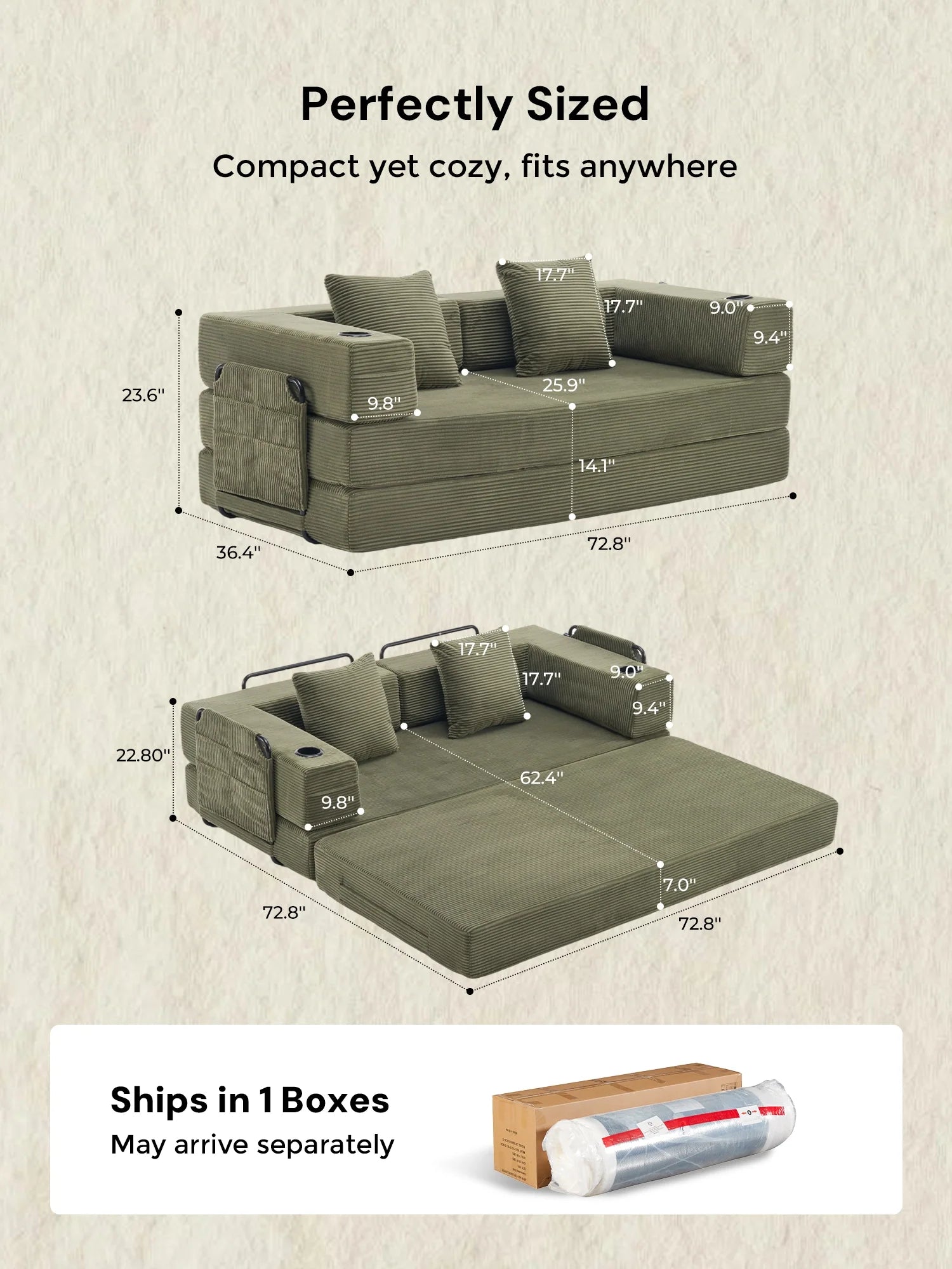 Selene Compressed Modular Sofa Bed-14.2" Seat Height